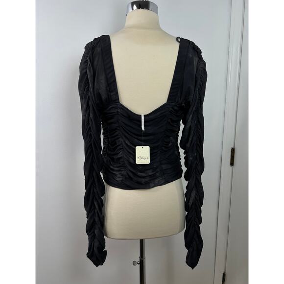 Free People NWT All Night Black Combo Sheer Long Sleeves Ruched Blouse Size XL - Picture 9 of 16